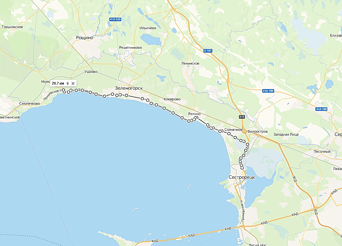 Веломашрут Приморское шоссе (от Сестрорецка и за Зеленогорск до Черной речки)