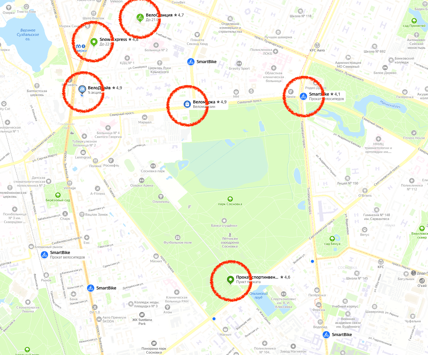 пункты проката рядом с парком сосновка